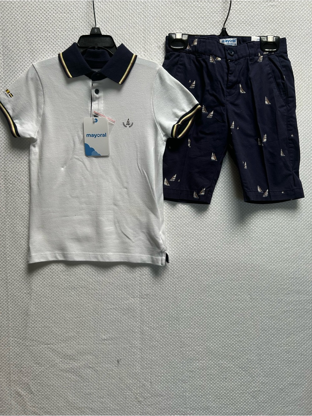 Mayoral Set w White Polo w Navy & Yellow Trim & Navy Sailboat shorts. NWT Size 5 - Picture 2 of 8